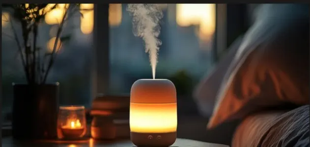 An essential oil diffuser in a dimly lit room